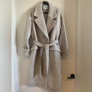 Herringbone Belted Wrap Front Wool-Blend Coat